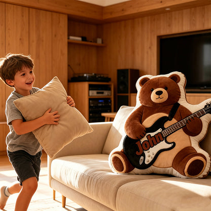 Personalized Brown Bear & Electric Guitar Pillow with Custom Name, Soft Plush Music Animal Cushion, Gift for Kids, Boys & Music Lovers