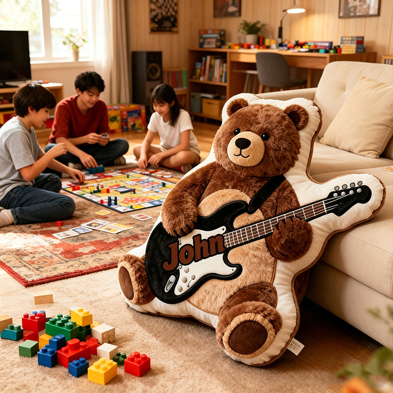 Personalized Brown Bear & Electric Guitar Pillow with Custom Name, Soft Plush Music Animal Cushion, Gift for Kids, Boys & Music Lovers