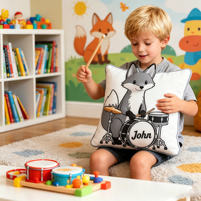 Personalized Gray Fox & Mini Drum Set Pillow with Custom Name, Soft Plush Music Animal Cushion, Gift for Kids, Boys & Music Lovers