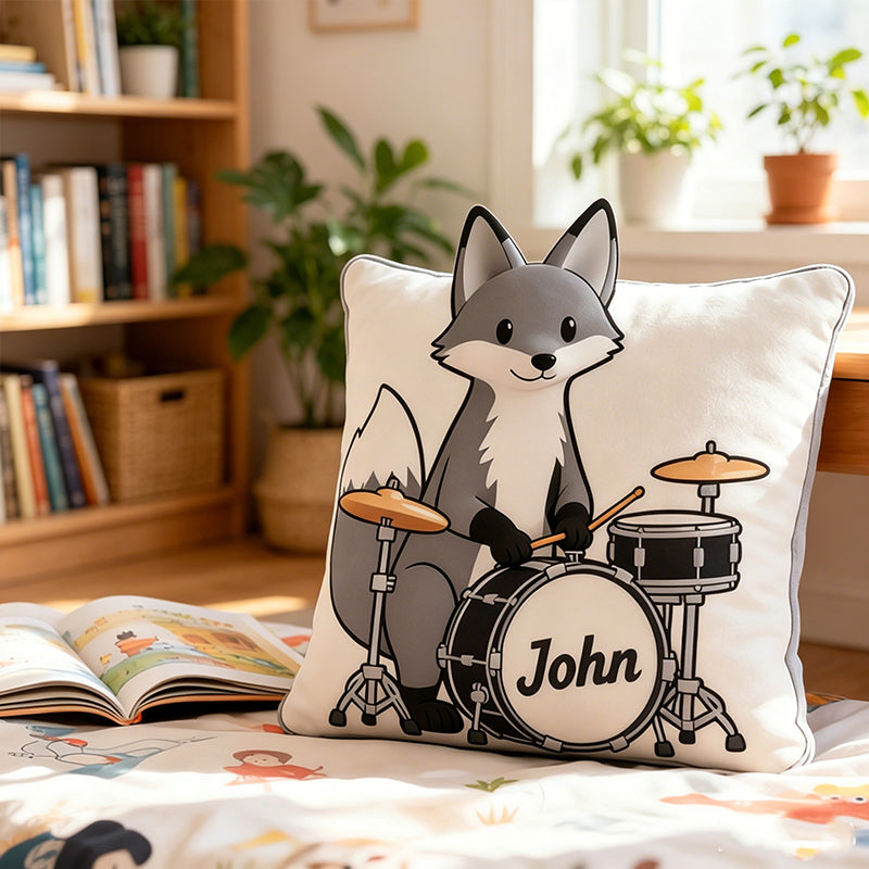 Personalized Gray Fox & Mini Drum Set Pillow with Custom Name, Soft Plush Music Animal Cushion, Gift for Kids, Boys & Music Lovers