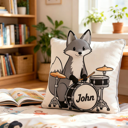 Personalized Gray Fox & Mini Drum Set Pillow with Custom Name, Soft Plush Music Animal Cushion, Gift for Kids, Boys & Music Lovers