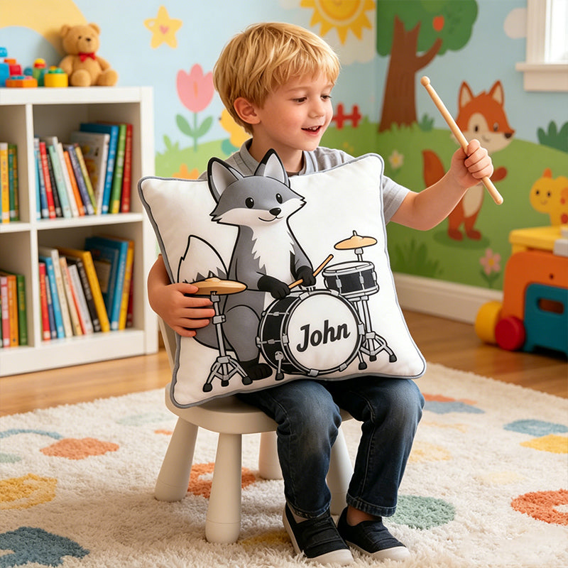 Personalized Gray Fox & Mini Drum Set Pillow with Custom Name, Soft Plush Music Animal Cushion, Gift for Kids, Boys & Music Lovers