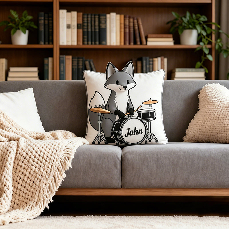 Personalized Gray Fox & Mini Drum Set Pillow with Custom Name, Soft Plush Music Animal Cushion, Gift for Kids, Boys & Music Lovers