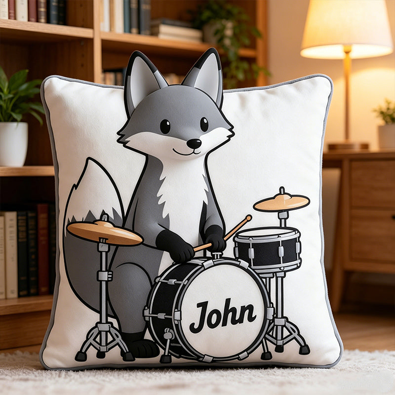 Personalized Gray Fox & Mini Drum Set Pillow with Custom Name, Soft Plush Music Animal Cushion, Gift for Kids, Boys & Music Lovers