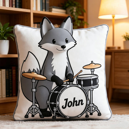 Personalized Gray Fox & Mini Drum Set Pillow with Custom Name, Soft Plush Music Animal Cushion, Gift for Kids, Boys & Music Lovers