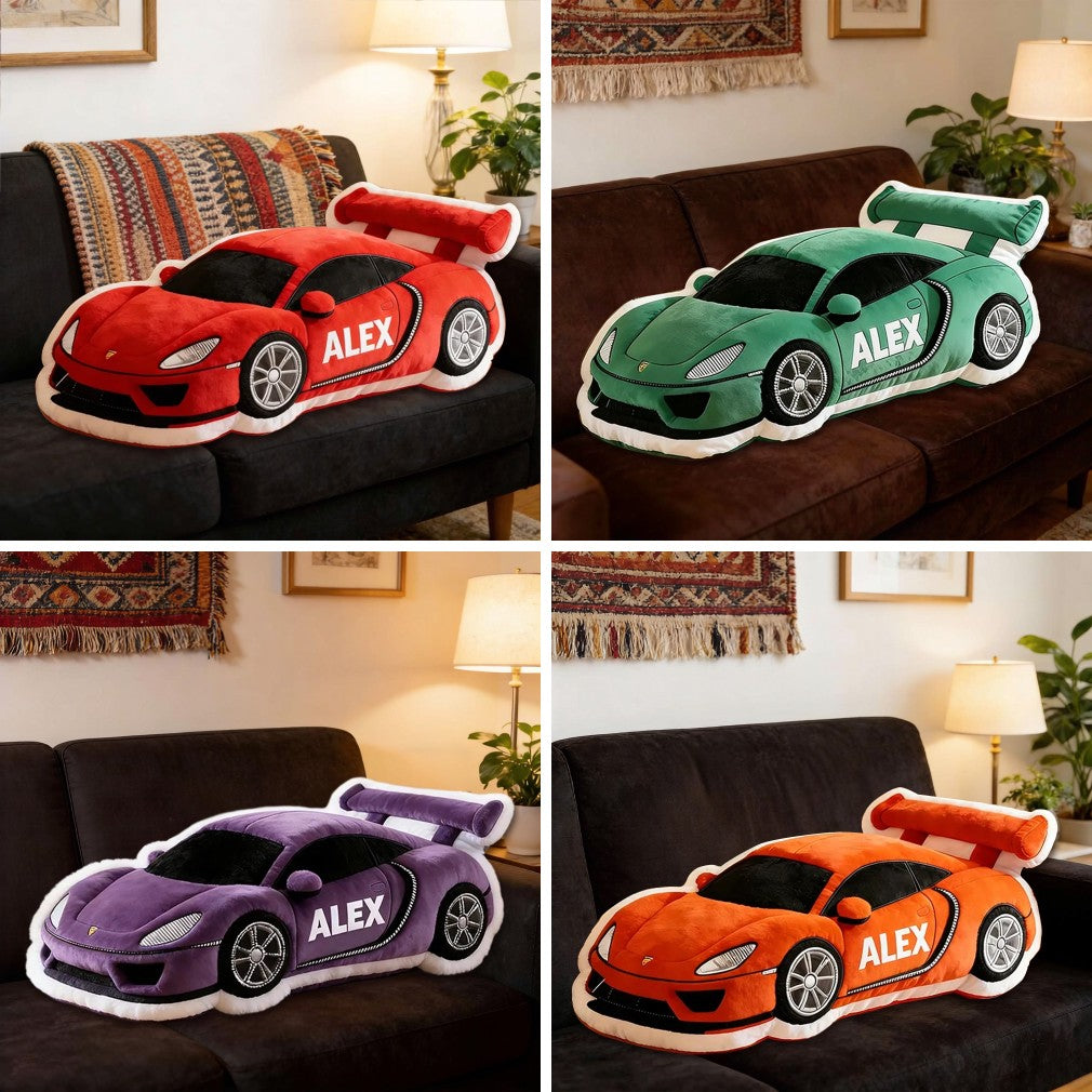 Personalized Race Car Shaped Pillow with Custom Name and Choice of Car Color – Soft Plush Cushion Featuring Vibrant 3D Graphic Print, Unique Gift for Racing Enthusiasts and Car Lovers