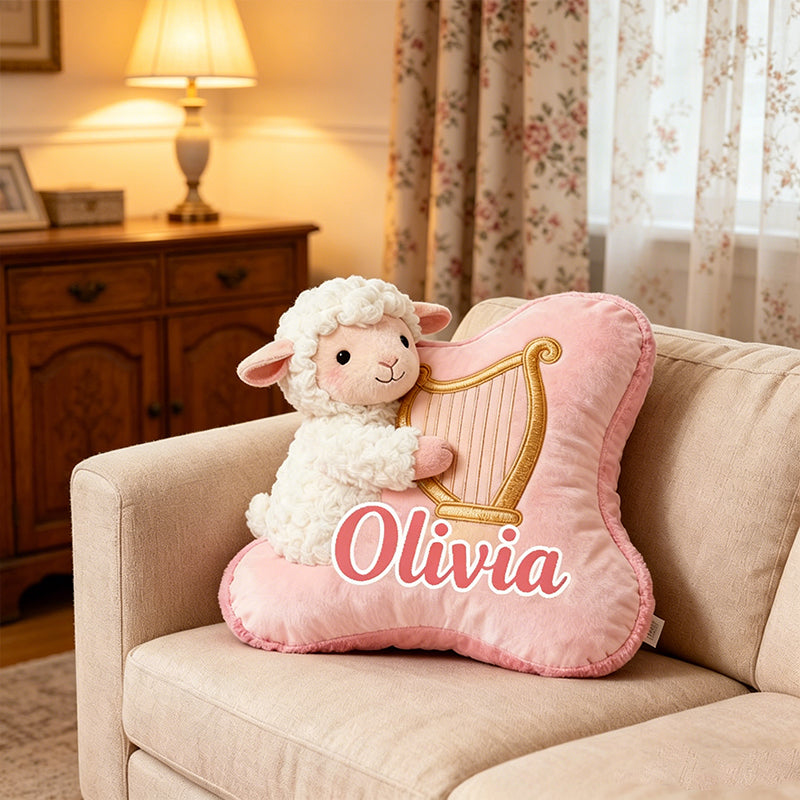 Personalized Pink & White Sheep Harp Pillow with Custom Name, Soft Plush Music Animal Cushion, Gift for Kids, Girls & Music Lovers