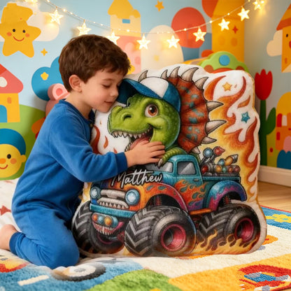 Personalized Dinosaur Monster Truck Pillow Custom Name Soft 3D Printed Cushion Fun Gift for Boys Kids Bedroom Playroom Decor