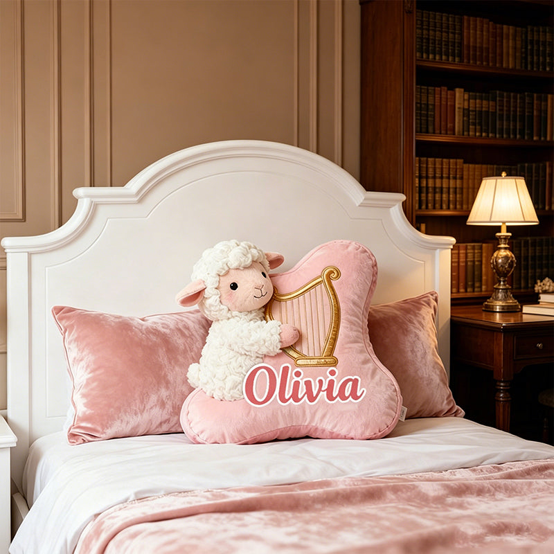 Personalized Pink & White Sheep Harp Pillow with Custom Name, Soft Plush Music Animal Cushion, Gift for Kids, Girls & Music Lovers