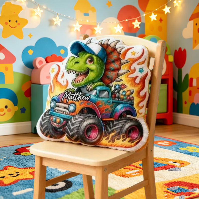 Personalized Dinosaur Monster Truck Pillow Custom Name Soft 3D Printed Cushion Fun Gift for Boys Kids Bedroom Playroom Decor