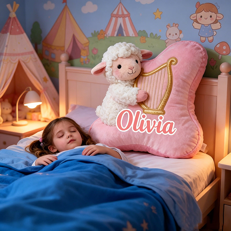 Personalized Pink & White Sheep Harp Pillow with Custom Name, Soft Plush Music Animal Cushion, Gift for Kids, Girls & Music Lovers