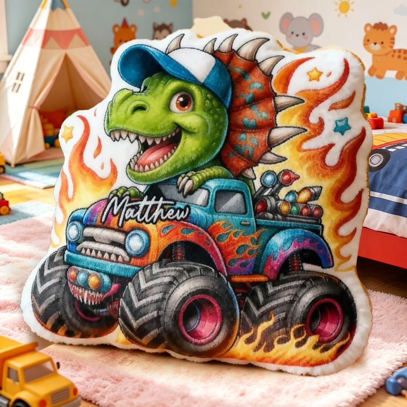 Personalized Dinosaur Monster Truck Pillow Custom Name Soft 3D Printed Cushion Fun Gift for Boys Kids Bedroom Playroom Decor
