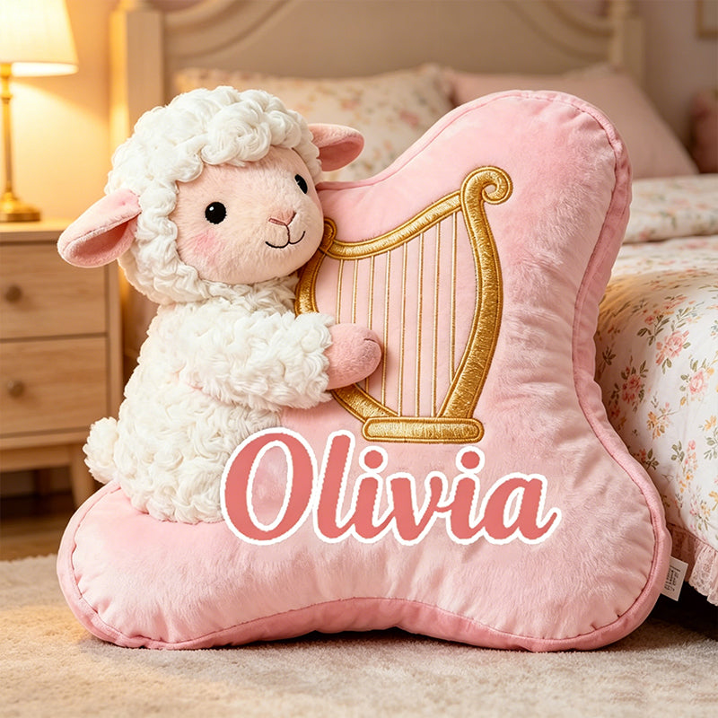 Personalized Pink & White Sheep Harp Pillow with Custom Name, Soft Plush Music Animal Cushion, Gift for Kids, Girls & Music Lovers