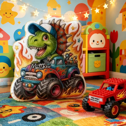 Personalized Dinosaur Monster Truck Pillow Custom Name Soft 3D Printed Cushion Fun Gift for Boys Kids Bedroom Playroom Decor
