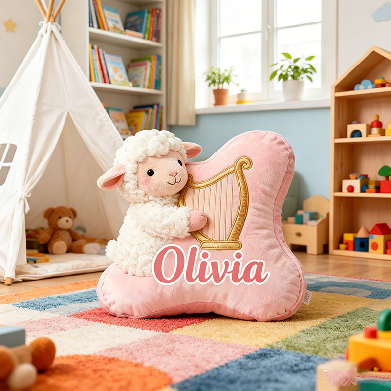 Personalized Pink & White Sheep Harp Pillow with Custom Name, Soft Plush Music Animal Cushion, Gift for Kids, Girls & Music Lovers