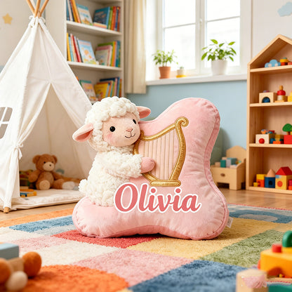 Personalized Pink & White Sheep Harp Pillow with Custom Name, Soft Plush Music Animal Cushion, Gift for Kids, Girls & Music Lovers
