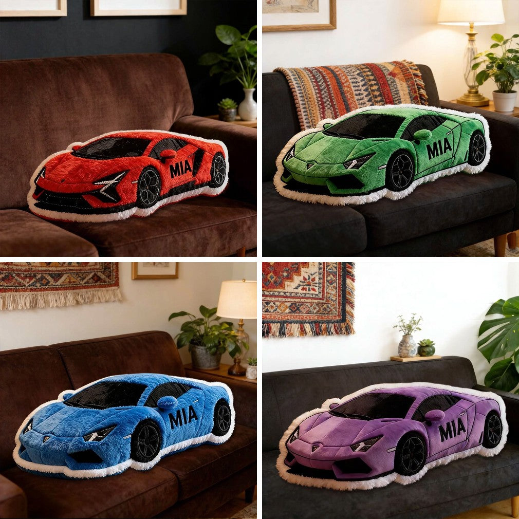 Personalized Sports Car Shaped Pillow Custom Name Plush Cushion Choose Your Car Color 3D Printed Gift for Racing Enthusiasts