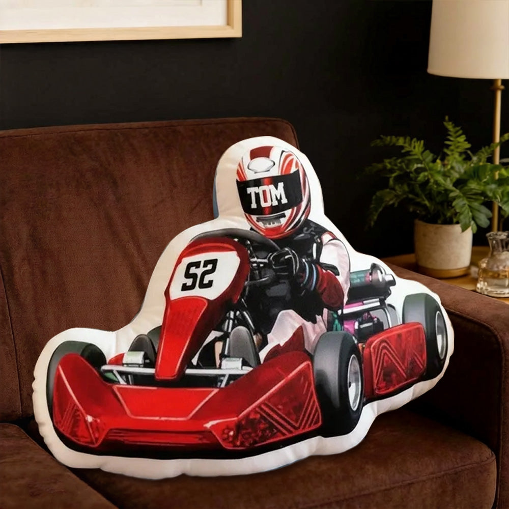Personalized Racer Shaped Pillow Custom Name & Number Racing Cushion Unique Gift for Car Enthusiasts