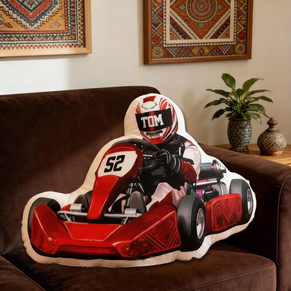 Personalized Racer Shaped Pillow Custom Name & Number Racing Cushion Unique Gift for Car Enthusiasts