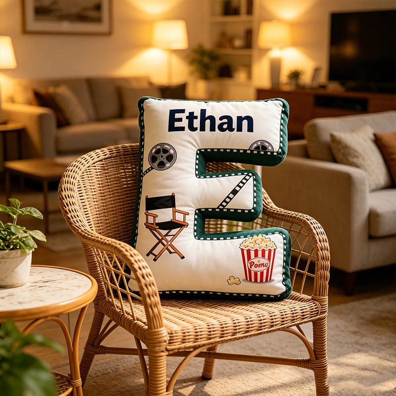 Personalized Popcorn Movie Letter Pillow with Custom Initial, Movie Night Plush Cushion, Gift for Kids & Movie Lovers