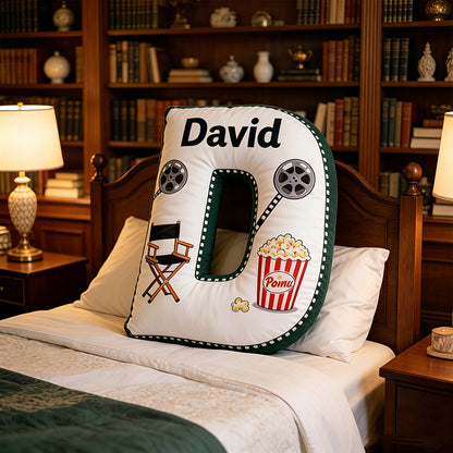 Personalized Popcorn Movie Letter Pillow with Custom Initial, Movie Night Plush Cushion, Gift for Kids & Movie Lovers