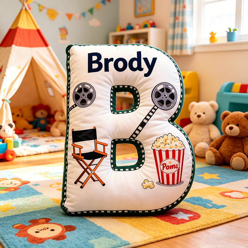 Personalized Popcorn Movie Letter Pillow with Custom Initial, Movie Night Plush Cushion, Gift for Kids & Movie Lovers