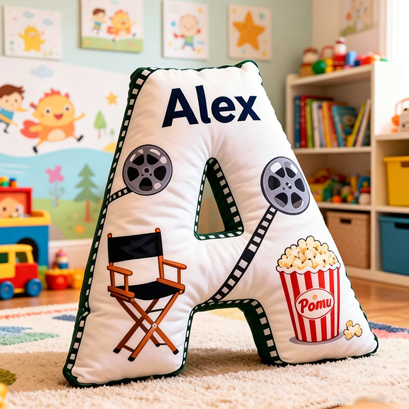 Personalized Popcorn Movie Letter Pillow with Custom Initial, Movie Night Plush Cushion, Gift for Kids & Movie Lovers