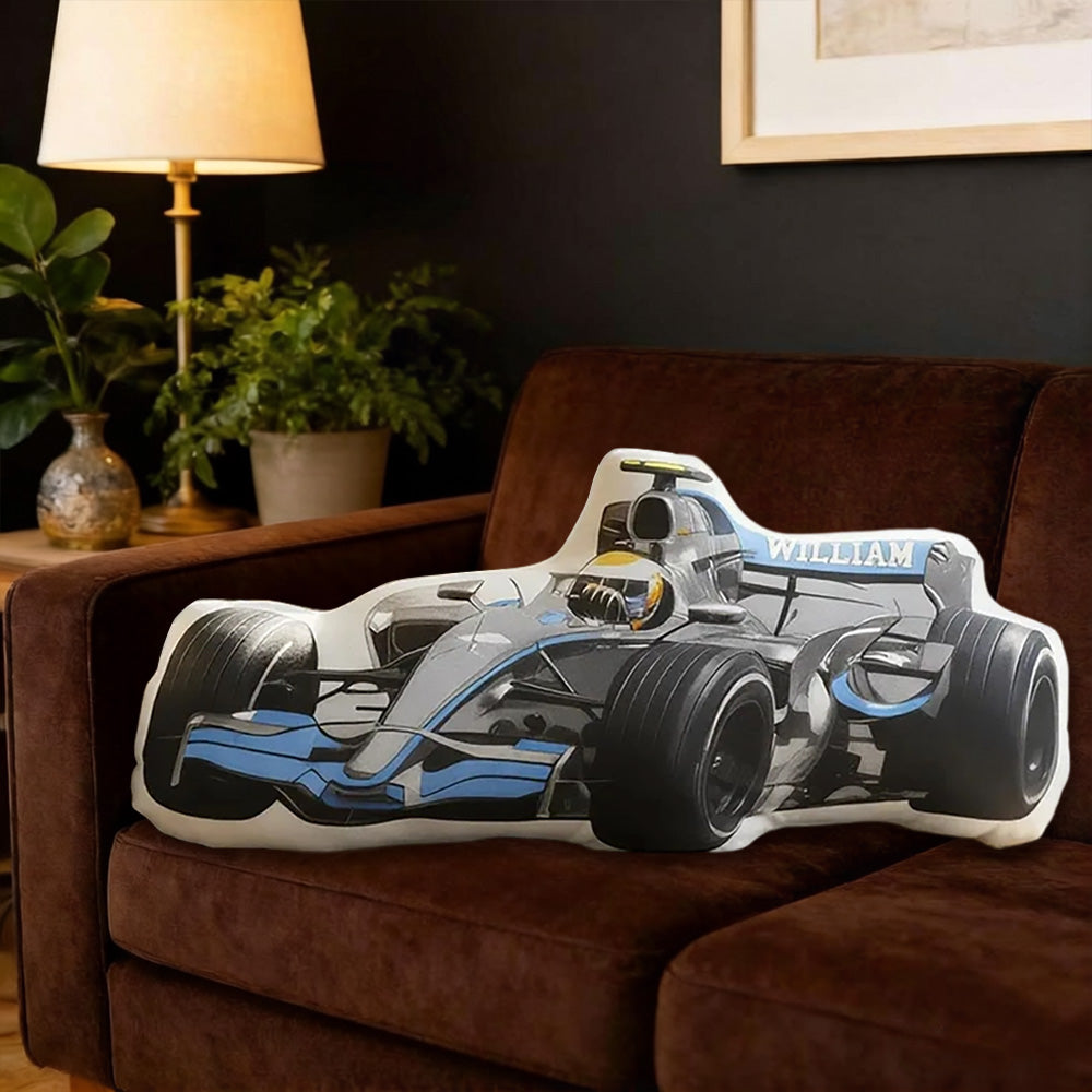 Personalized Race Car Shaped Pillow Custom Name Racing Cushion Gift for Car Lovers and Motorsport Fans