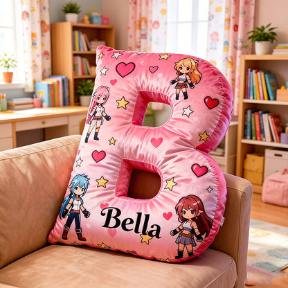 Personalized Anime Heart Letter Pillow with Custom Name, Gift for Anime Fans, Gamers & Kids, Valentine’s Day Birthday Cushion