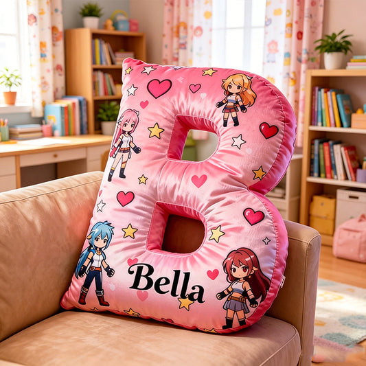 Personalized Anime Heart Letter Pillow with Custom Name, Gift for Anime Fans, Gamers & Kids, Valentine’s Day Birthday Cushion