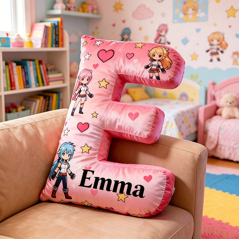 Personalized Anime Heart Letter Pillow with Custom Name, Gift for Anime Fans, Gamers & Kids, Valentine’s Day Birthday Cushion
