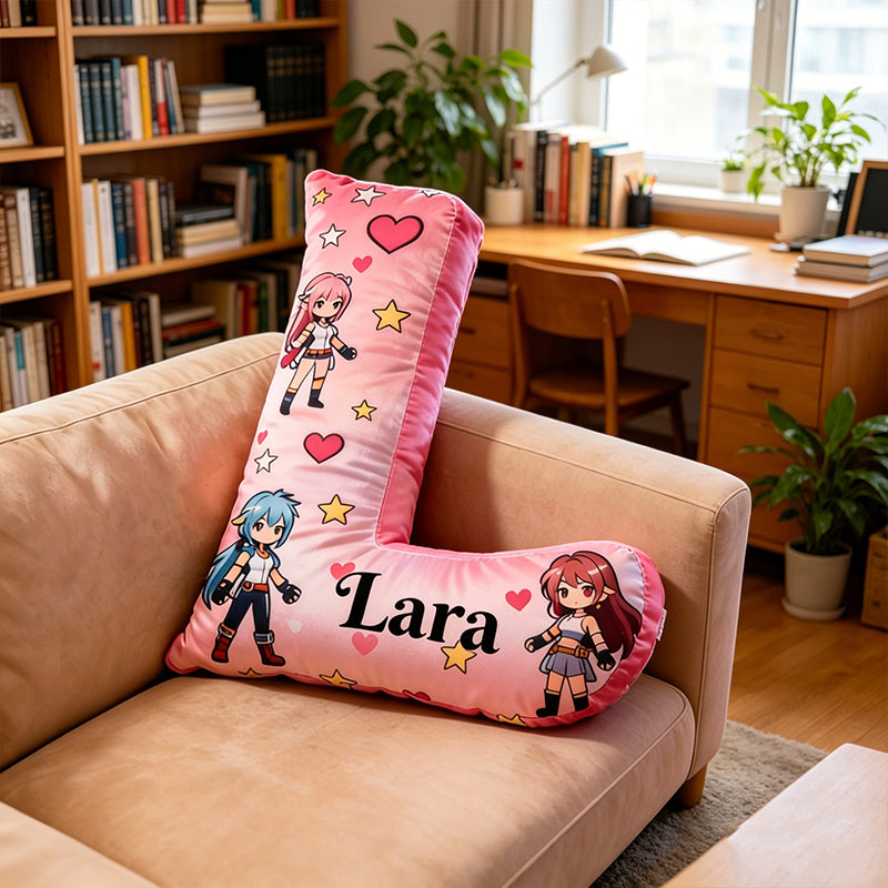Personalized Anime Heart Letter Pillow with Custom Name, Gift for Anime Fans, Gamers & Kids, Valentine’s Day Birthday Cushion