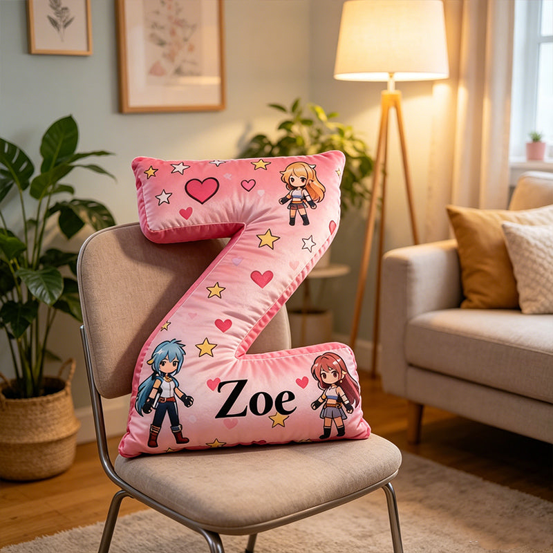 Personalized Anime Heart Letter Pillow with Custom Name, Gift for Anime Fans, Gamers & Kids, Valentine’s Day Birthday Cushion