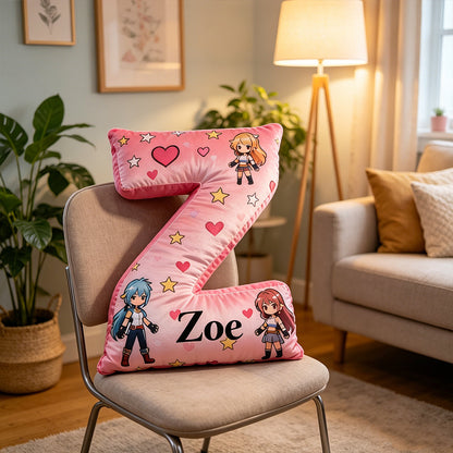 Personalized Anime Heart Letter Pillow with Custom Name, Gift for Anime Fans, Gamers & Kids, Valentine’s Day Birthday Cushion