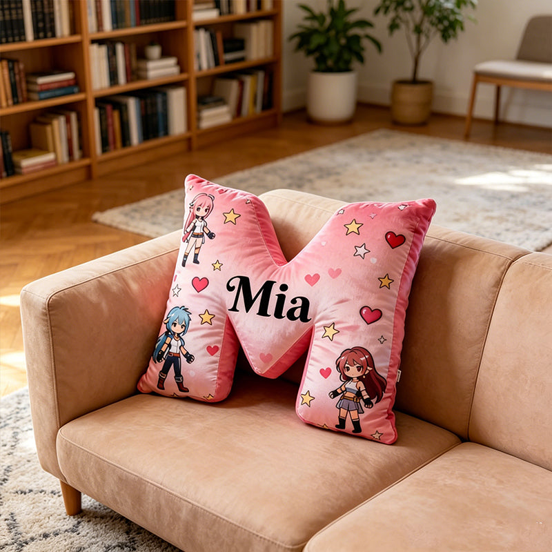 Personalized Anime Heart Letter Pillow with Custom Name, Gift for Anime Fans, Gamers & Kids, Valentine’s Day Birthday Cushion