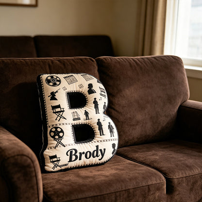Personalized Film Reel Couple Pillow with Custom Initial, Movie Lover Gift, Valentine’s Day Birthday Cushion for Filmmakers