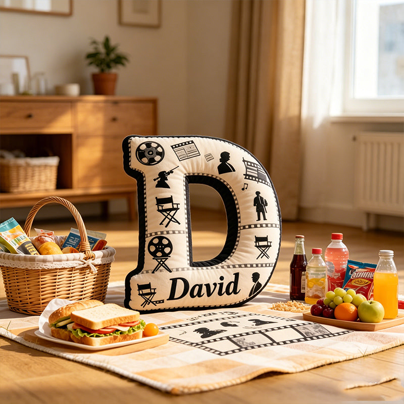 Personalized Film Reel Couple Pillow with Custom Initial, Movie Lover Gift, Valentine’s Day Birthday Cushion for Filmmakers