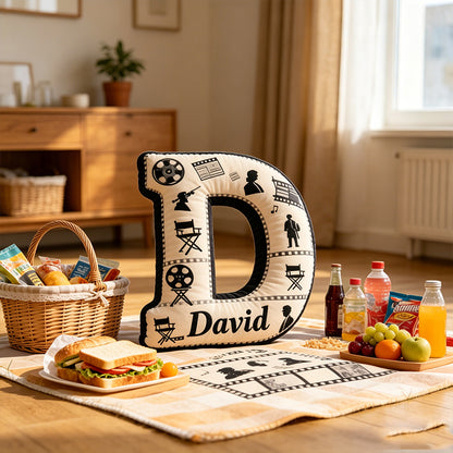 Personalized Film Reel Couple Pillow with Custom Initial, Movie Lover Gift, Valentine’s Day Birthday Cushion for Filmmakers