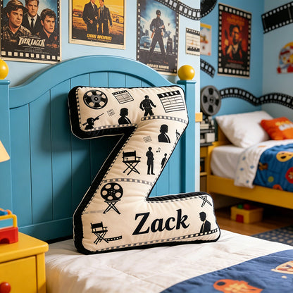 Personalized Film Reel Couple Pillow with Custom Initial, Movie Lover Gift, Valentine’s Day Birthday Cushion for Filmmakers