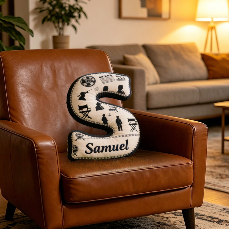 Personalized Film Reel Couple Pillow with Custom Initial, Movie Lover Gift, Valentine’s Day Birthday Cushion for Filmmakers