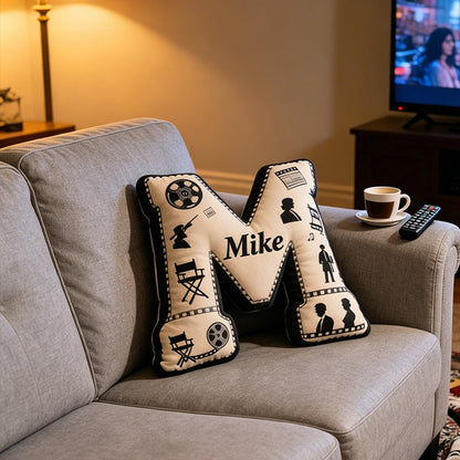 Personalized Film Reel Couple Pillow with Custom Initial, Movie Lover Gift, Valentine’s Day Birthday Cushion for Filmmakers