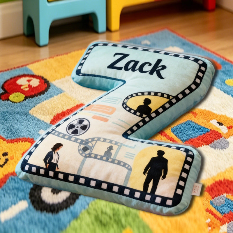 Personalized Film Reel Couple Pillow with Custom Initial, Movie Lover Gift, Valentine’s Day Birthday Cushion for Kids & Couples
