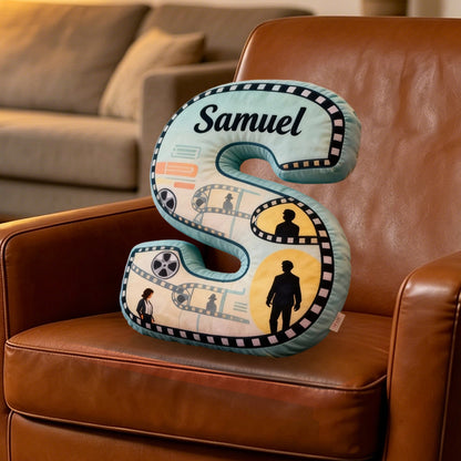 Personalized Film Reel Couple Pillow with Custom Initial, Movie Lover Gift, Valentine’s Day Birthday Cushion for Kids & Couples