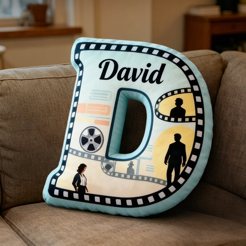 Personalized Film Reel Couple Pillow with Custom Initial, Movie Lover Gift, Valentine’s Day Birthday Cushion for Kids & Couples