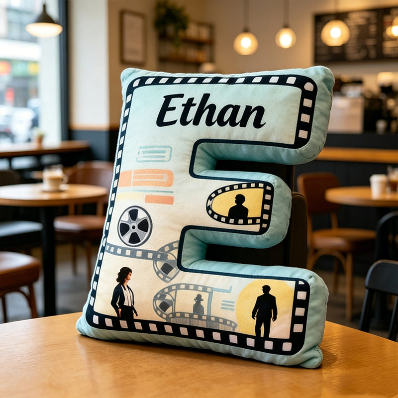Personalized Film Reel Couple Pillow with Custom Initial, Movie Lover Gift, Valentine’s Day Birthday Cushion for Kids & Couples