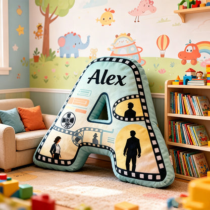 Personalized Film Reel Couple Pillow with Custom Initial, Movie Lover Gift, Valentine’s Day Birthday Cushion for Kids & Couples