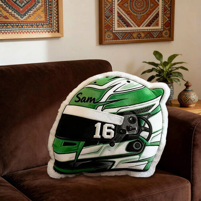 Personalized Racing Helmet Shaped Pillow Custom Name Cushion 3D Graphic Print Gift for Racing Fans and Motorsport Lovers
