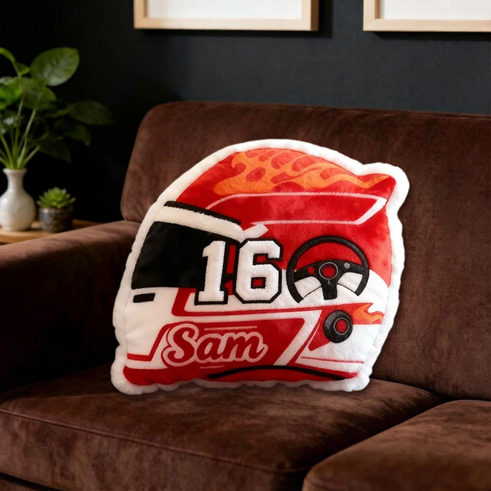 Personalized Racing Helmet Shaped Pillow Custom Name Cushion 3D Graphic Print Gift for Racing Fans and Motorsport Lovers