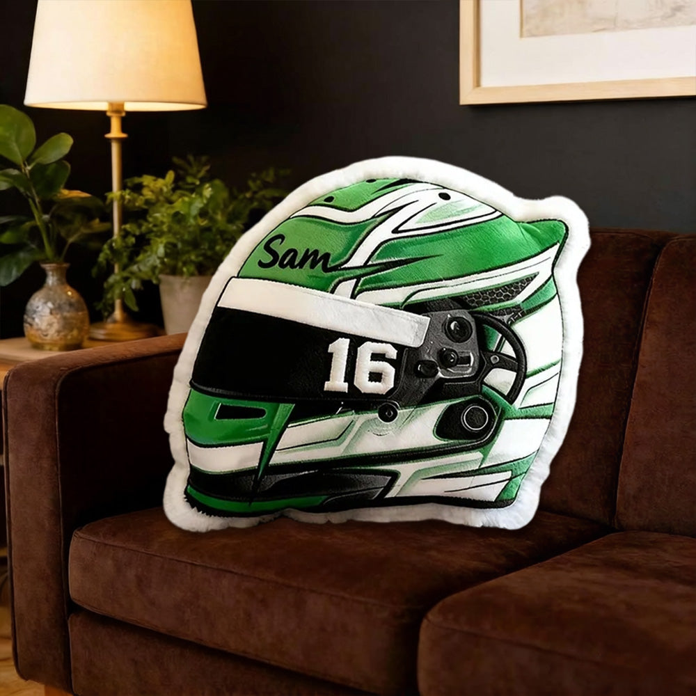 Personalized Racing Helmet Shaped Pillow Custom Name Cushion 3D Graphic Print Gift for Racing Fans and Motorsport Lovers