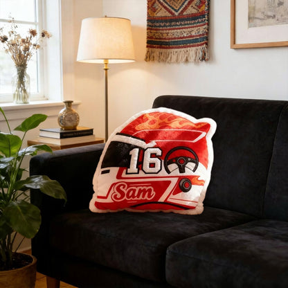 Personalized Racing Helmet Shaped Pillow Custom Name Cushion 3D Graphic Print Gift for Racing Fans and Motorsport Lovers